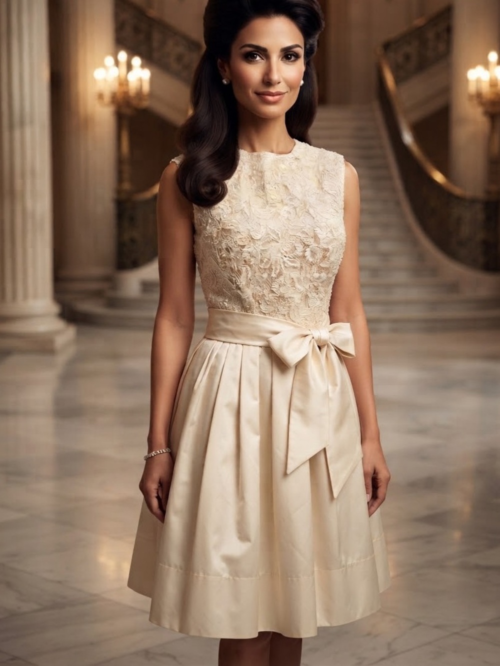 Catherine Regehr Sleeveless Cream Lace Bodice Dress with Satin Waist Bow Small
